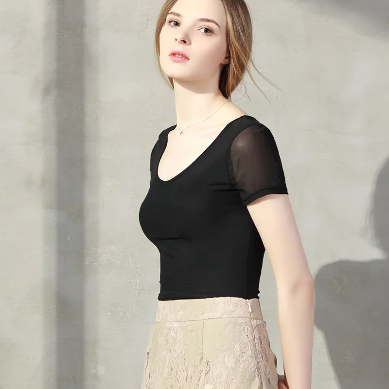 as picture Summer Latin Dance Practice Clothes Female Adult Yoga Short-Sleeved Modern Ballroom Samba Dance Clothing New Mesh Shirt DWY2099 - Цвет: as picture