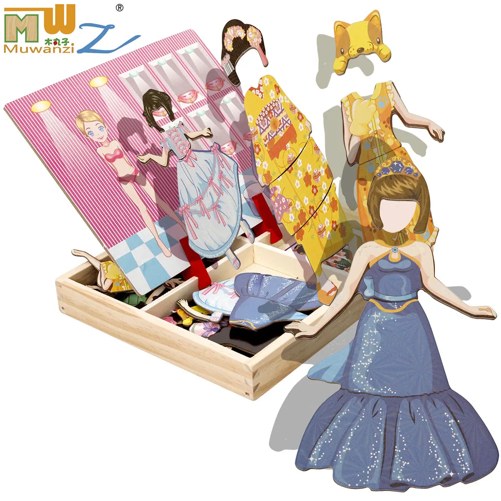 

Wooden Children's Educational Toys Variety Girl Magnetic Puzzle Set Easel Dry Wipe Board Fun Reusable Children's Sticker Gift