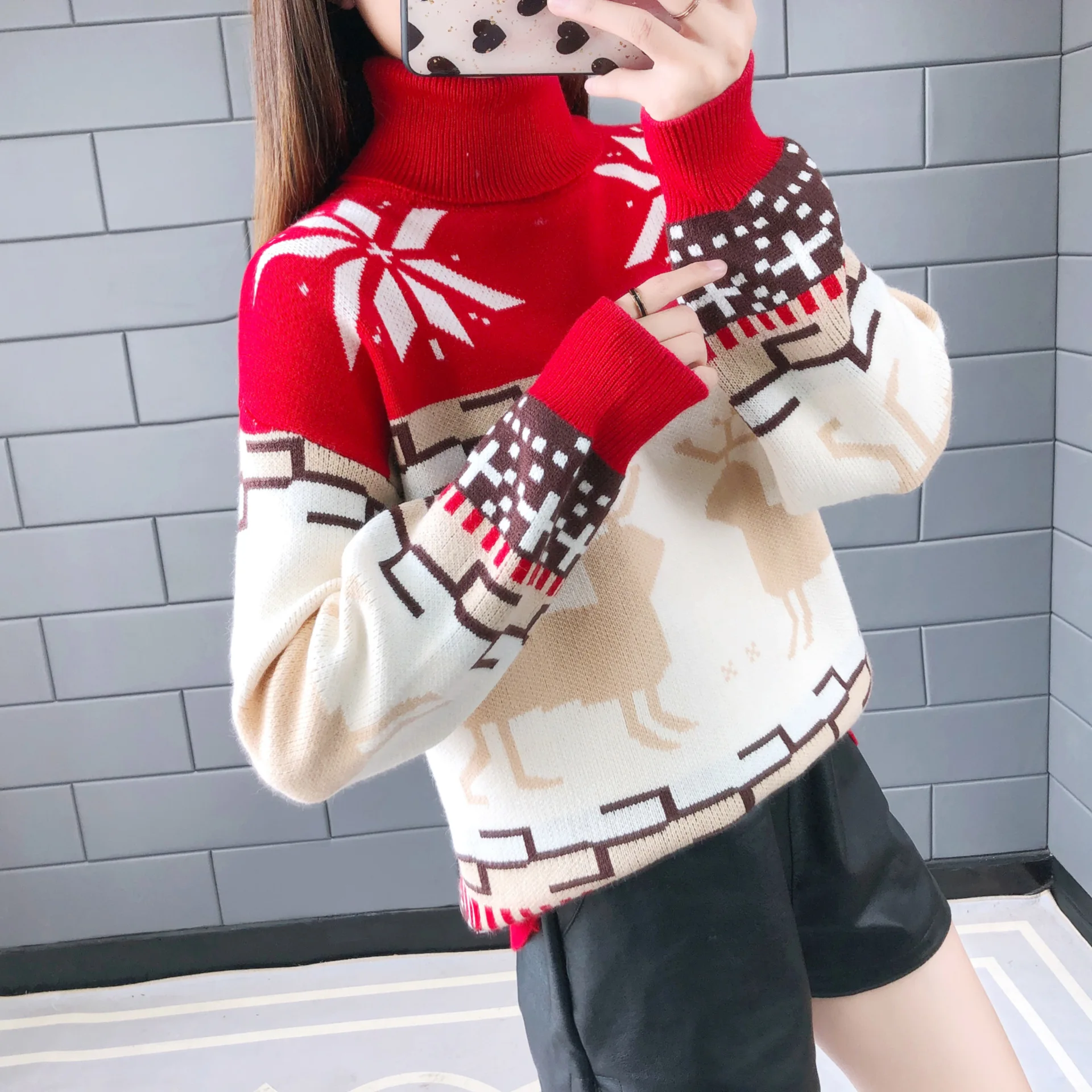 Women Ugly Christmas Sweater Turtleneck Korean Loose Thicken Pullover Elk Warm Winter | Женская одежда