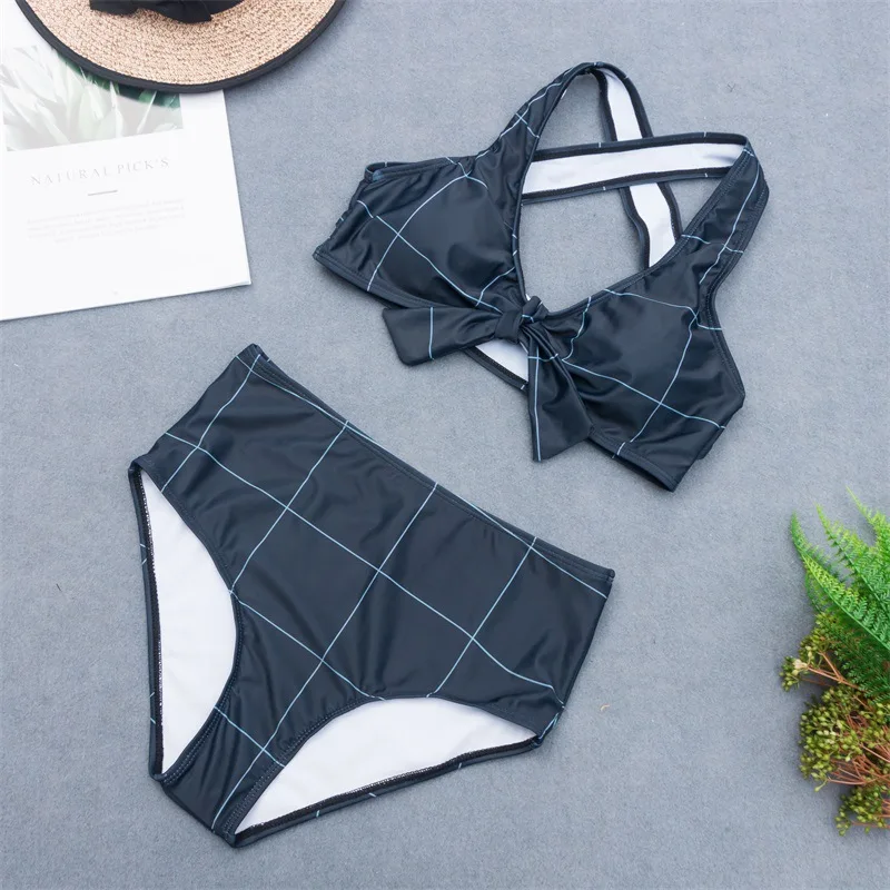 

2020 Retro Sexy Black Plaid Striped Strap Bandeau Bikini Biquini Cut High Waist Swim Bathing Suit Swimsuit Swimwear Women Bikini