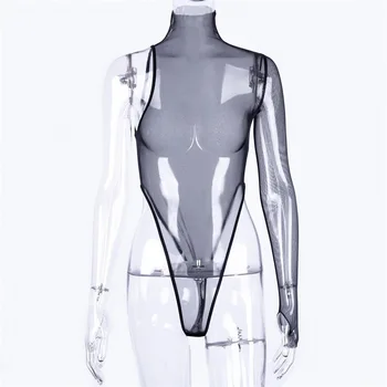 

Women Sexy Bodysuit Sexy Mesh Black Turtleneck Long Sleeve Clear Women Bodysuits