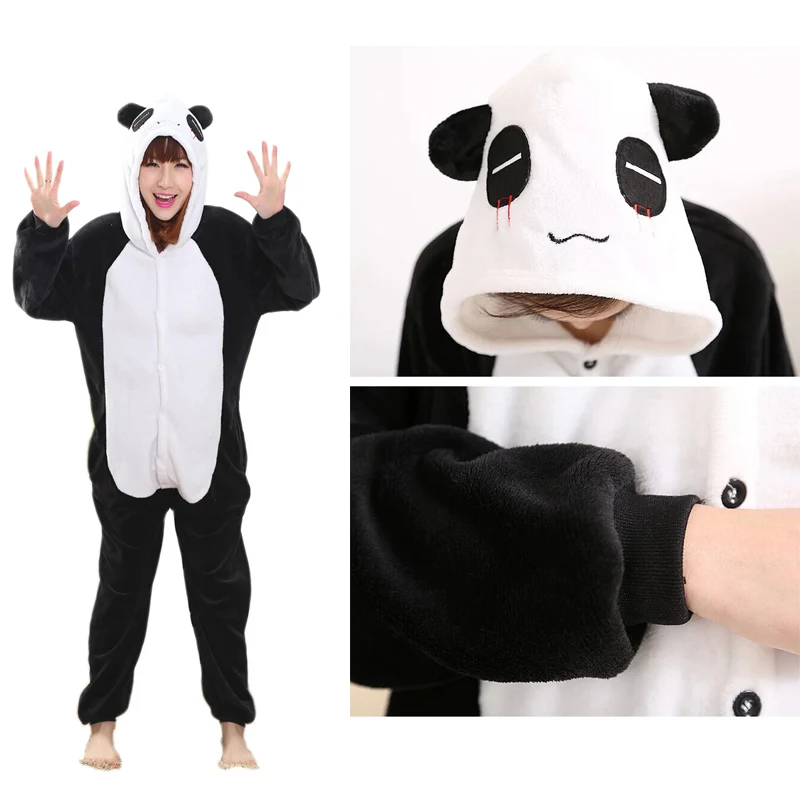 Panda Зимняя пижама в виде животного для взрослых, набор, мультяшная Пижама, пижама с единорогом, Ститч, Акула, кигуруми, для женщин и мужчин, Фланелевое белье с капюшоном - Цвет: Panda