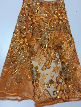 

2020 high quality orange sequence French Nigerian sequins net African tulle mesh sequence lace fabric for dress 5 yards/lot