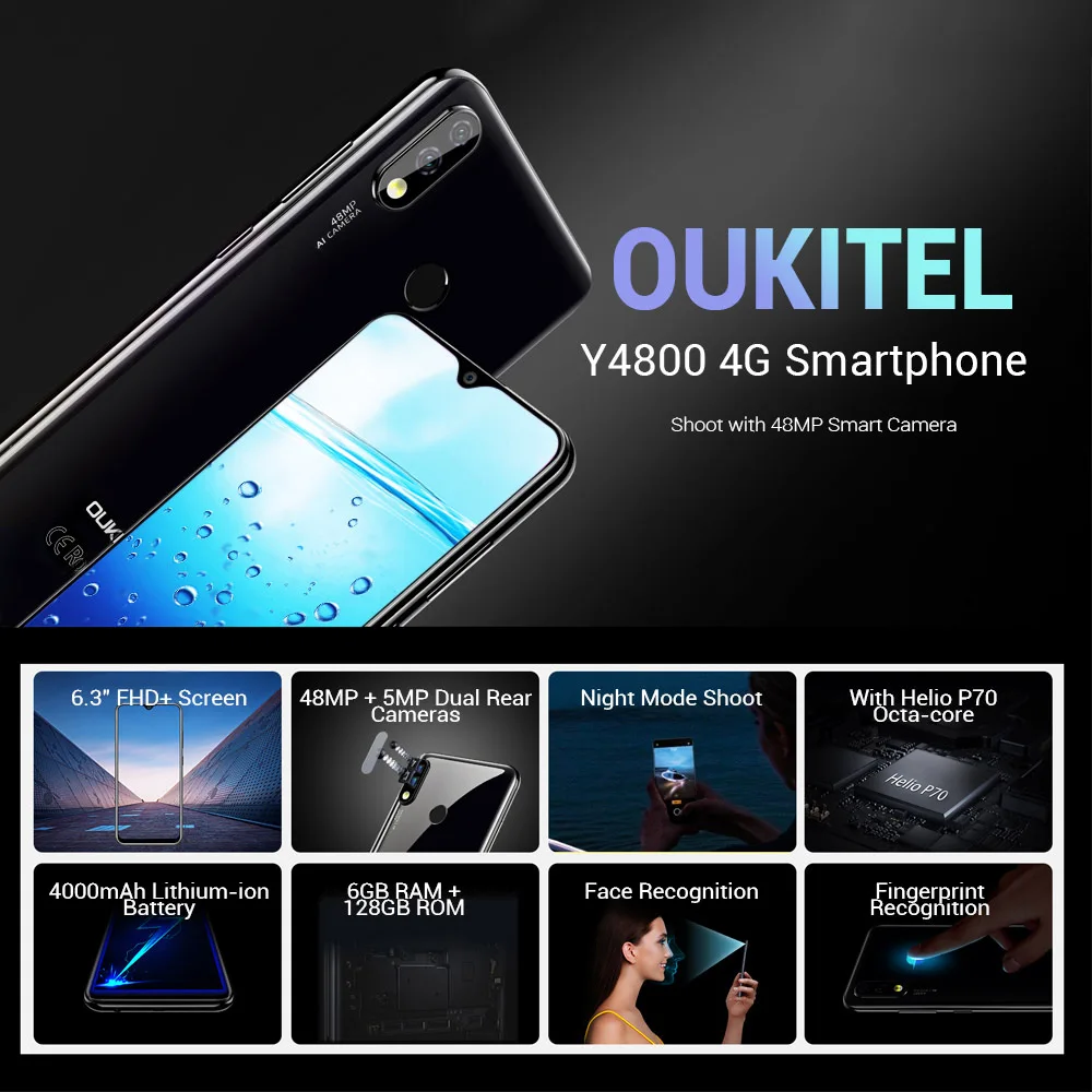 OUKITEL Y4800 4G Smartphone Helio P70 Android 9.0 6.3 inch 6GB RAM 128GB ROM Face Fingerprint Unlock 2340x1080 Mobile Cellphones