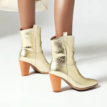 

Fashion Ankle Boots Snake Print Faux Leather Women Boots Square High Heel Western Boots Autumn Winter Plush Cowboy Boots Shoes