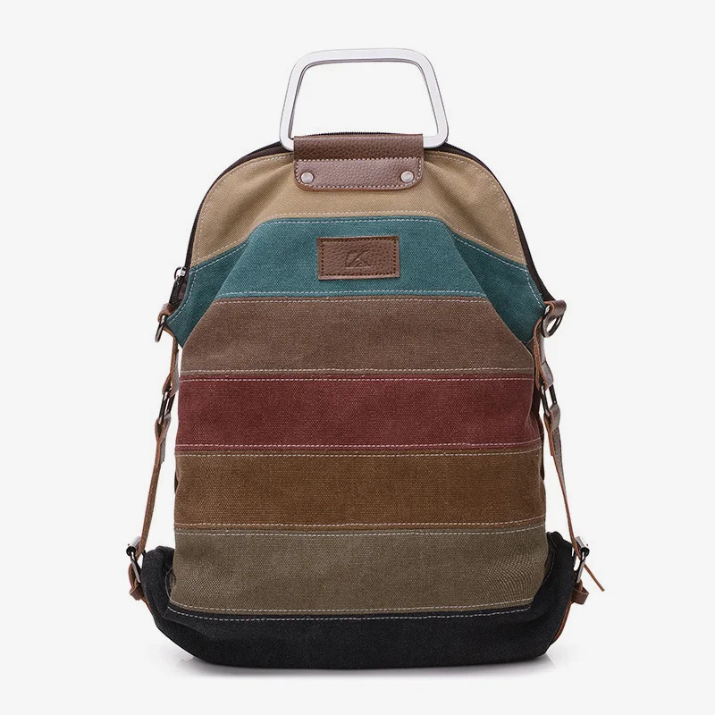 

Color Stripe Canvas Backpack Ladies Ethnic Style School Bags Female Casual Travel Multi-functional Metal Handle Tote Bag Fashion
