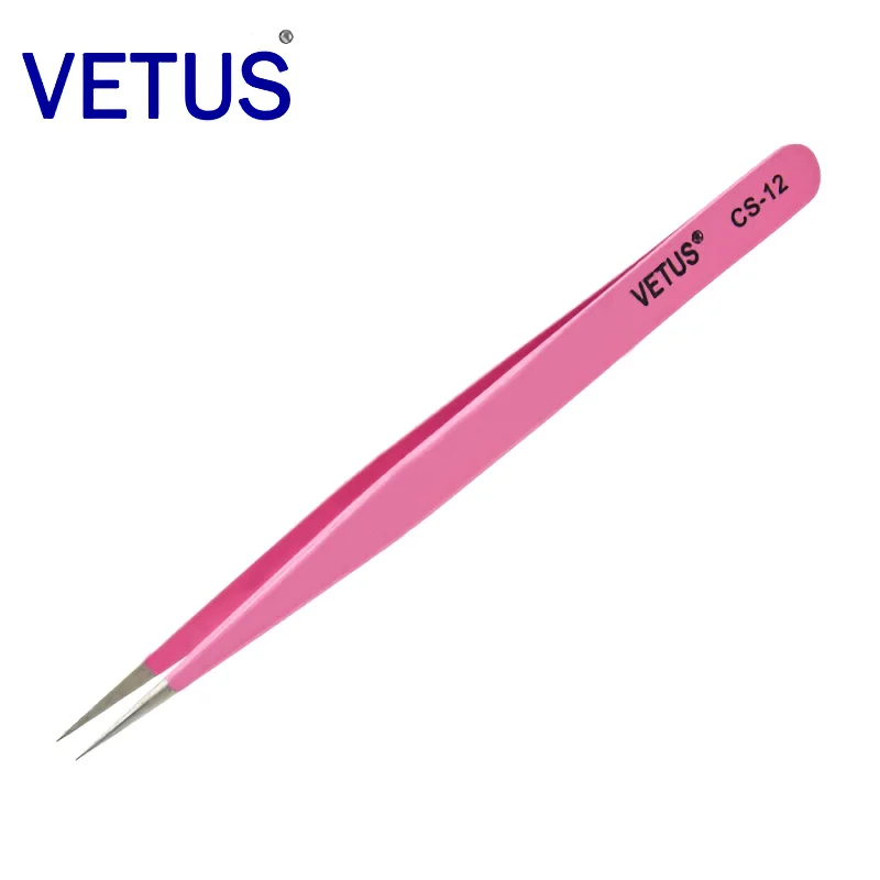 VETUS CS-12 Pink Tweezers Anti -acid Anti-alkali Corrosion-resistant ESD Anti-Static Pincers Eyelash Grafting Blooming Tool eyelash tweezers