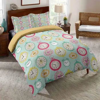 

Cartoon Clock Timepiece Bedroom Decor Bedding Set Doona Green Background Kids Gift Microfiber 1PC Duvet Cover with Pillowcases
