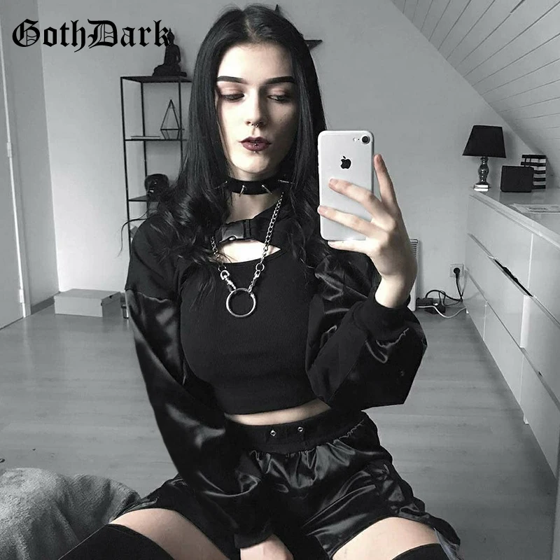 

Goth Dark Black Patchwork Gothic Vintage Punk Sweatshirt Women Harajuku Buckle Longsleeve Fall 2019 Female Sweatshirts Cropped