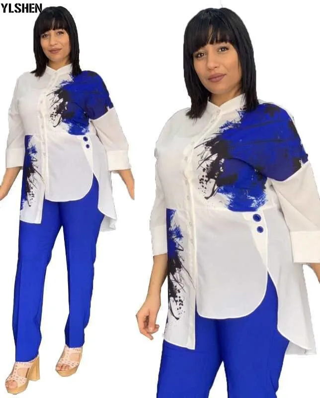 African Women Sets Print Long Sleeve Blazer T-shirt Pants Suits Office Lady Elegant 2 Piece Set Business Outfits Africa Clothing 08