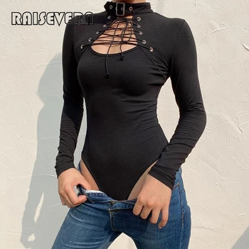 

Gothic Cross Bandage Lace-up Hollow Out Bodysuits Hip Hop Women 2019 Long Sleeve Black Sexy Open Crotch Bodysuit Femme Autumn