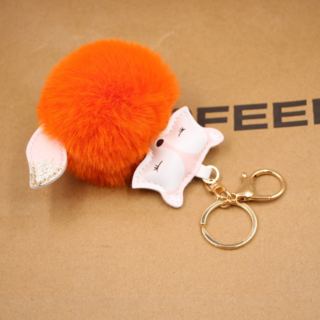 Ball Keychain Charm Key Ring Cute Leather Fox Keyring Plush Fluffy Pompom Faux Rabbit Fur Ball Bag Car Key Charms Accessory