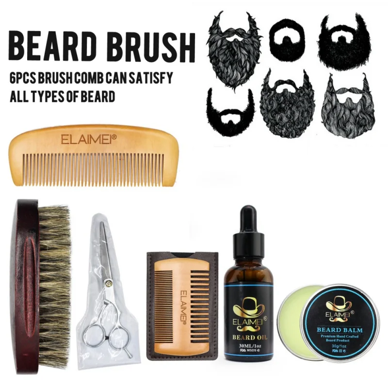 Kits de Cuidados com a Barba dos Homens Barba Cera Óleo Pente Escova Tesoura Ferramentas Estilo 6 Pçs - Set 1 6 pçs set kits de cuidados com