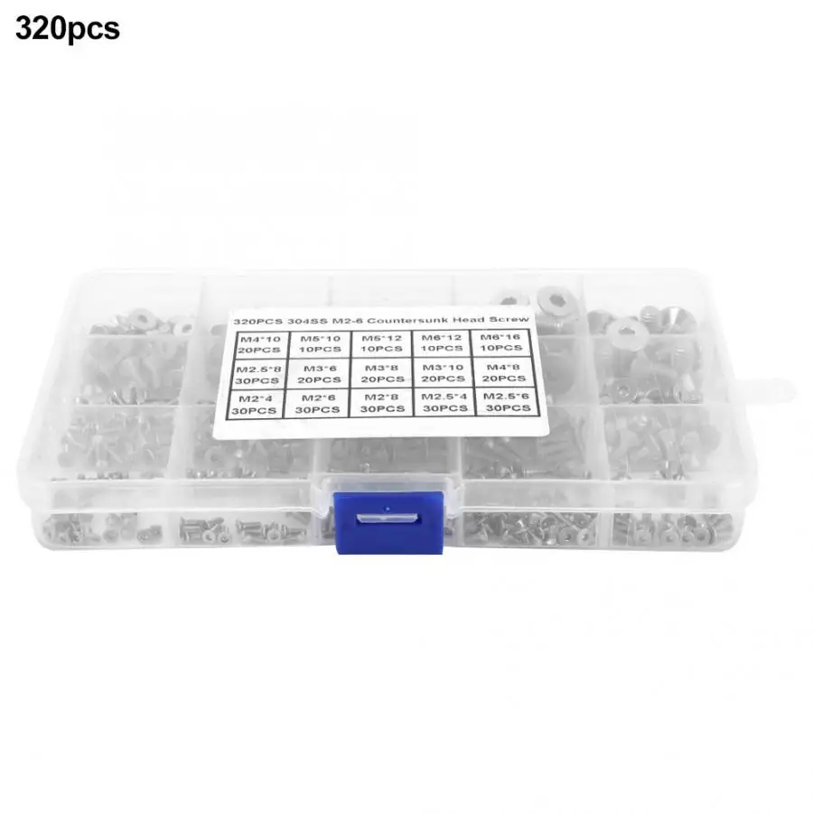 

320pcs M2-M6 Hex Socket Flat Head Stainless Steel SS304 Screw Bolt Assortment Set Tools