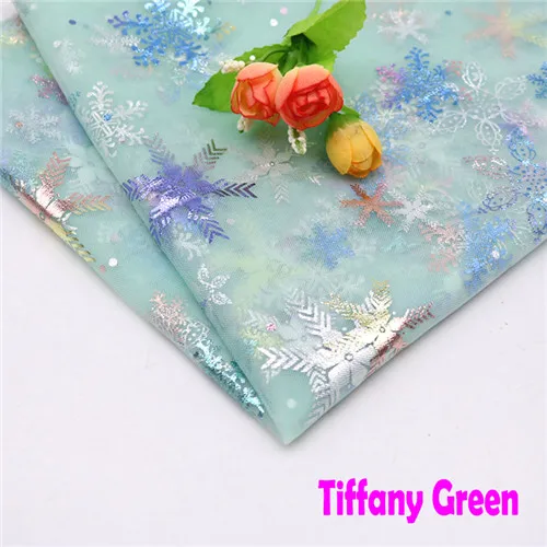 150cmx100cm Colorful Snowflake Soft Tulle Fabric Princess Dress Glitter Fabric New Year Organza Printed Bronzing Fabric Tiffan green