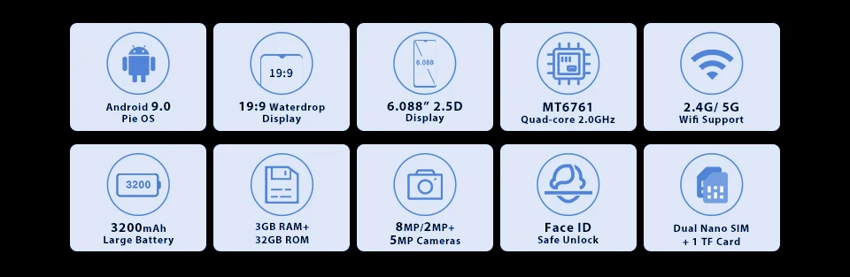 OUKITEL 3GB RAM 32GB ROM Smartphone C15 Pro 6.088'' Android 9.0 Pie MT6761 Waterdrop Fingerprint Face ID 5G WiFi Mobile Phone