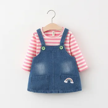 

Autumn Baby Girls Long Sleeve O Neck Striped T-shirt Tops + Denim Jeans Overalls Dress Kids Casual 2Pcs Clothes vestidos