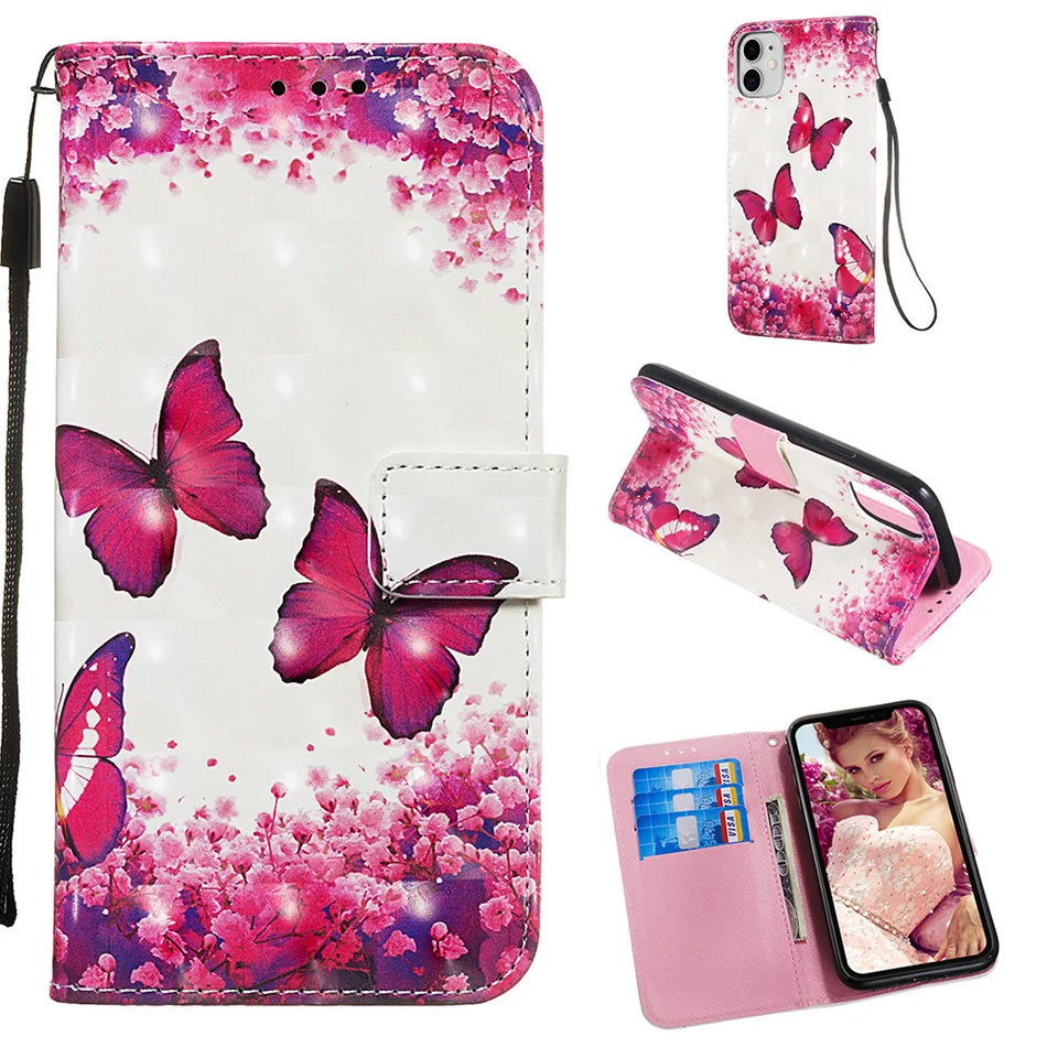 Цветной кожаный чехол с бабочкой для samsung Galaxy S10 S10E S9 Plus Note 10, откидной Чехол-подставка для iPhone 11 Pro Max XR XS X 6 7 8
