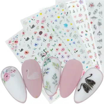 

1 Sheet 2020 Arrival New 3D Nail Art Sticker Slider Black White Swan Letter Flowers Leaf Adhesive Nail Decals Foil Nail Stickers