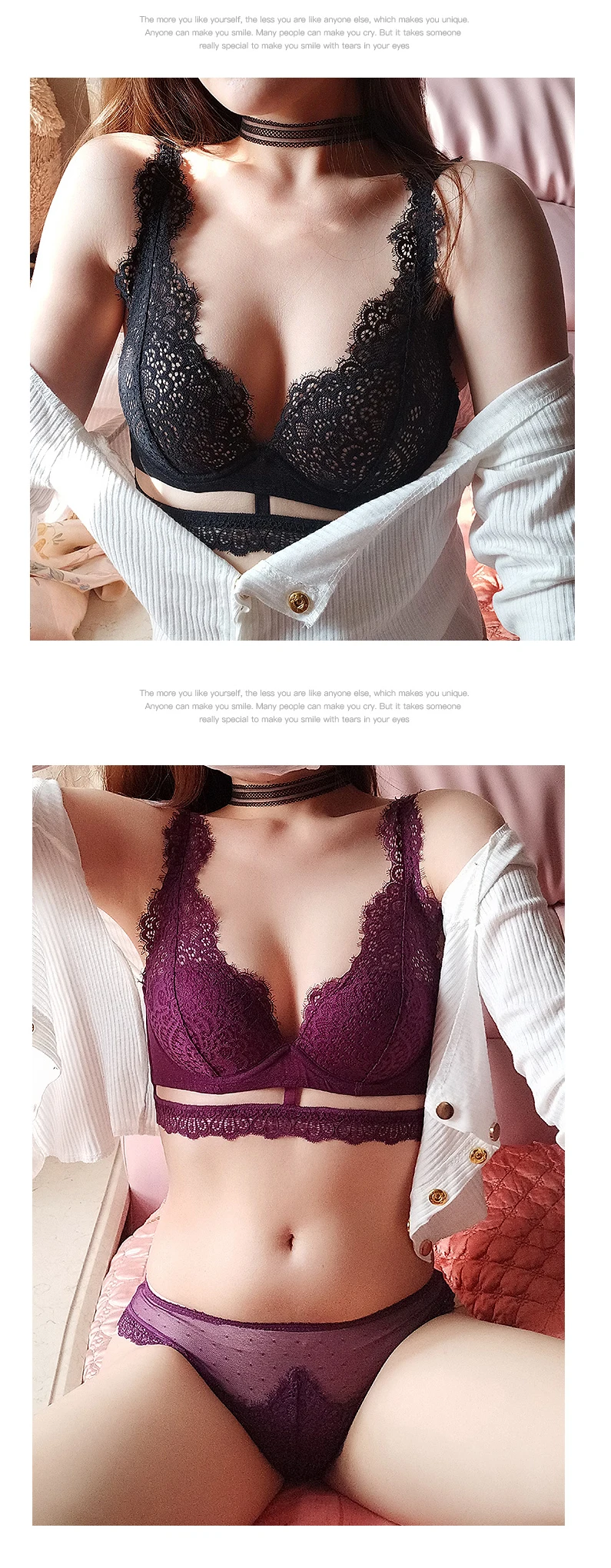 Sexy lace gathered bra thin section beautiful back underwear female bra bra set black adjustment type sexy bra panty set