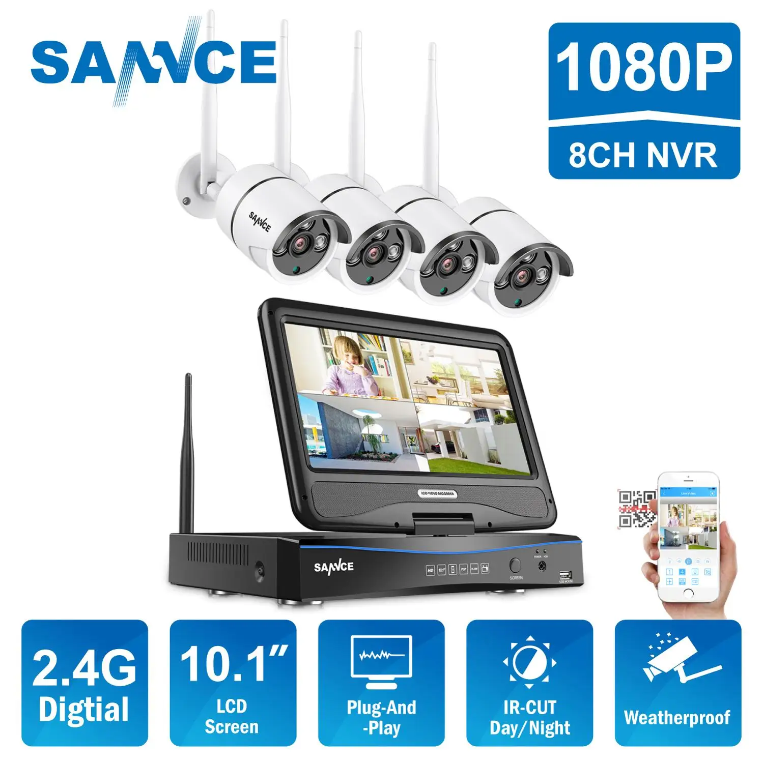 SANNCE 4CH Wireless Security System HD 1080P NVR 4x 720P WIFI Home IP Camera 1TB