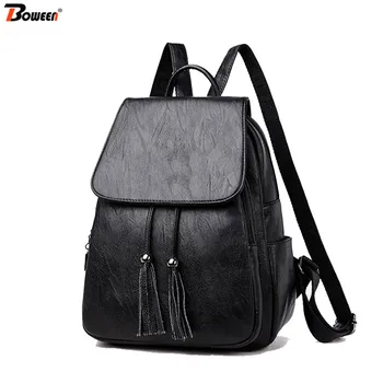 

Black Pu Leather Backpack Women Drawstring Bag Tassel Soft Solid Backpack Female Casual College Youth Bagpack for Teenage Girl