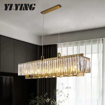 

New light luxury chandelier dining room lamp all copper crystal post modern simple atmosphere American copper lamp European dini