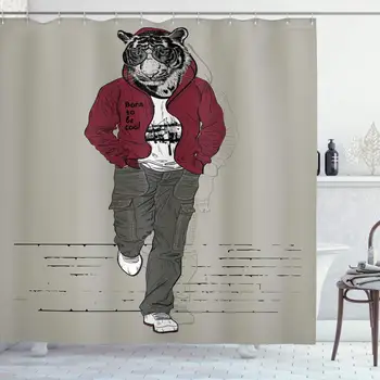 

Modern Shower Curtain, Hipster Tiger in Sportswear Taking a Walk Adaptation to Urban City Theme, Cloth Fabric Bathroom Decor Set
