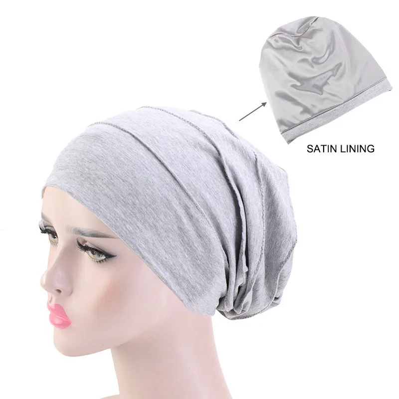 head wrap for women Helisopus New Double Layer Satin Lined Chemo Cap Muslim Women Night Stretch Sleep Cotton Cancer Hair Loss Bonnet Hat Accessories bride headband