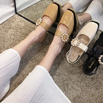 

Women's Shoes Square Toe Sandals 2020 Spring New Fashion Pearl Thick Heel Mary Jane Shoes Sandals