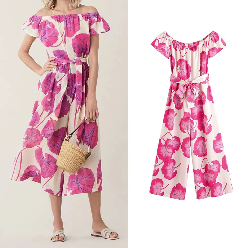 

Jumpsuit Women Za 2020 Floral Print Bohemian Sashes Bodysuit Slash Neck Vintage Straight rompers womens jumpsuit