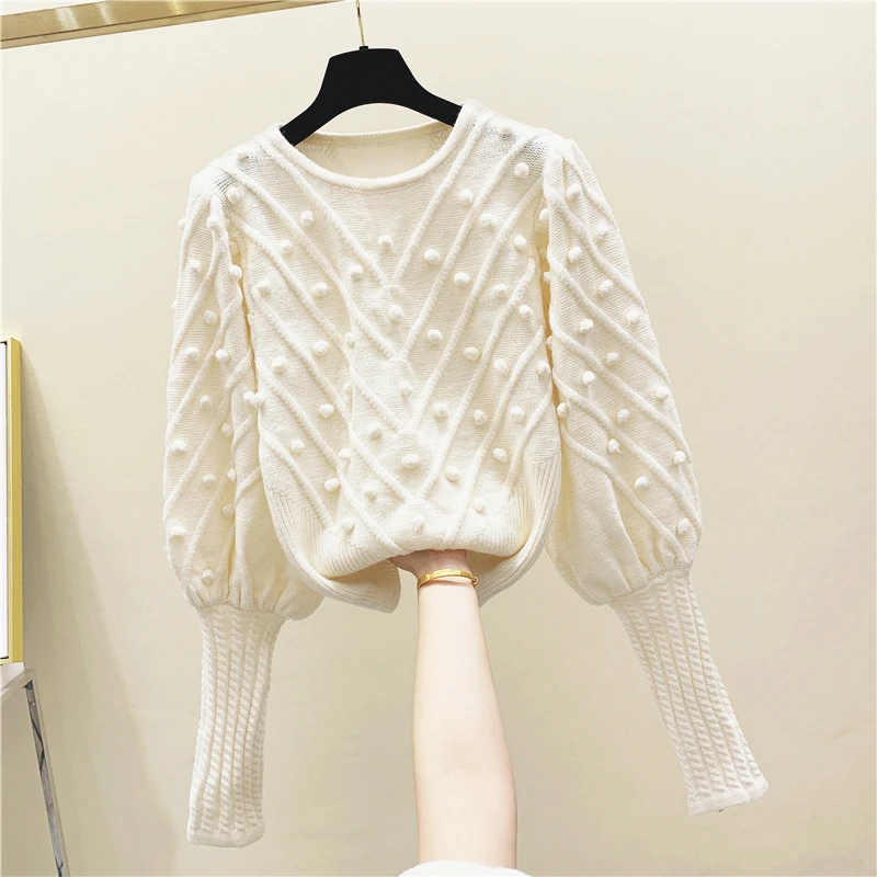 

Lazy Wind Heavy Stereo Peas Hair Ball Lantern-Sleeve Pullover Sweater Sweaters Coat Autumn Winter Women's Sweater Jersey Mujer