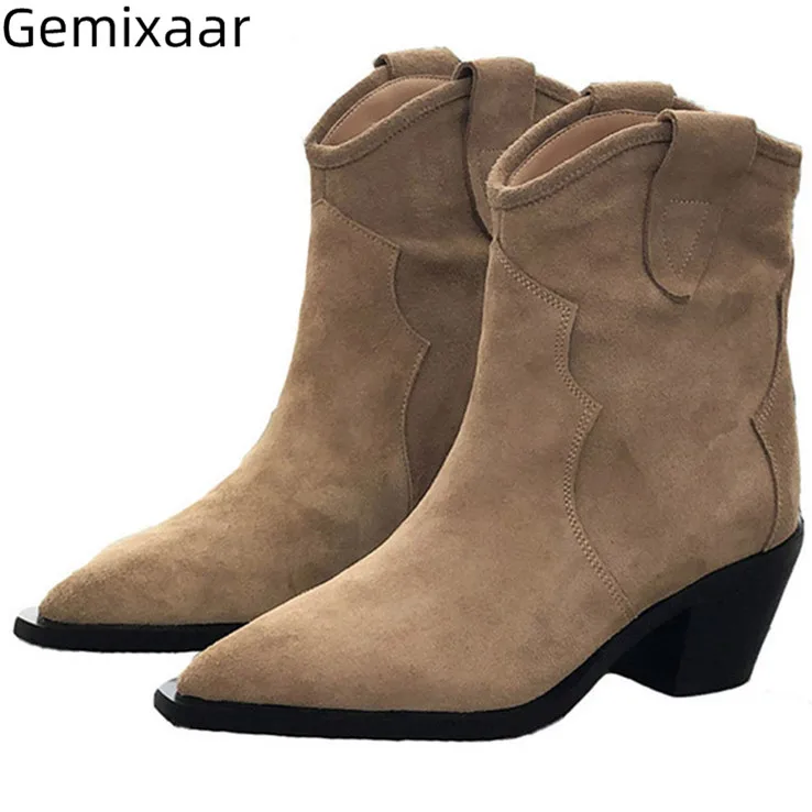 

Autumn New Coming Suede Boots Woman Pointy Toe Slip On Comfy Insole Rome Ladies Bottes Big Size Med Square Heel Woman Boots 42