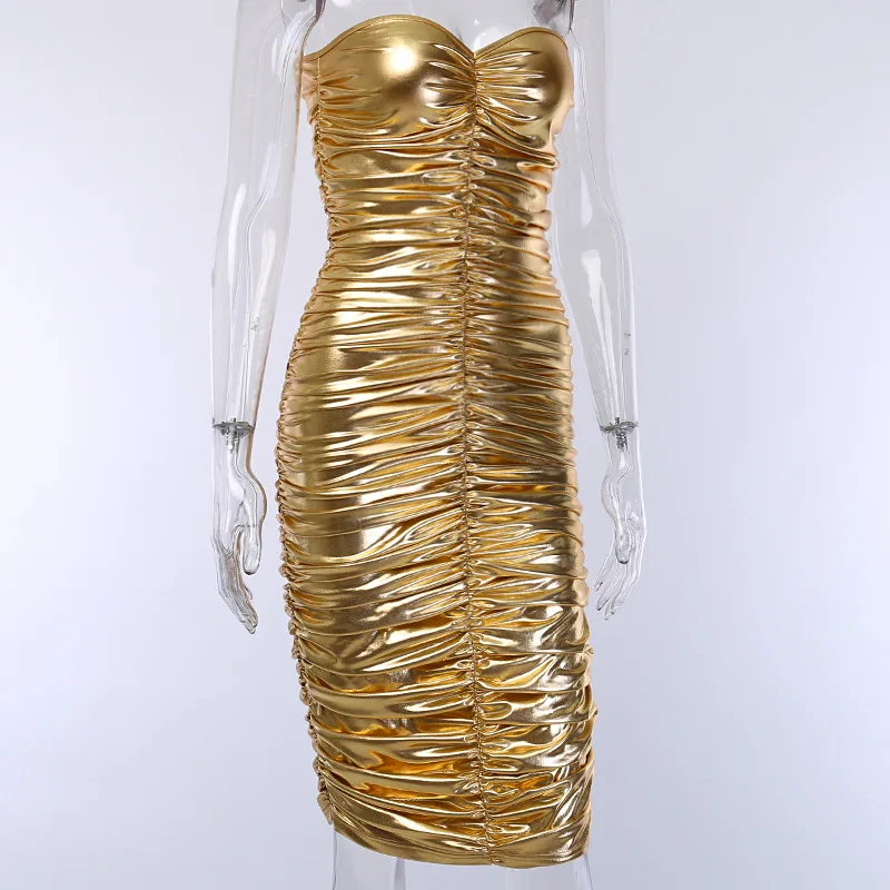 BKLD модное Золотое блестящее металлическое миди платье Новое поступление женские без бретелек сексуальные с открытой спиной облегающие вечерние платья с рюшами