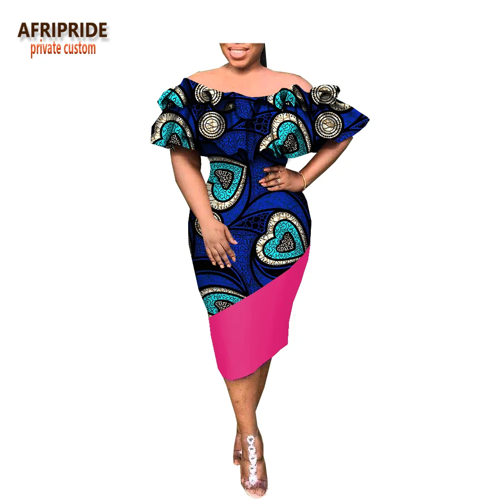 Весеннее платье для женщин AFRIPRIDE customzied с оборками рукавом slash шеи длиной до колена карандаш женское повседневное Хлопковое платье A1825020 - Цвет: 539-7