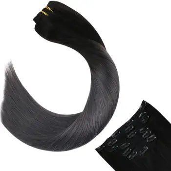 

Ugeat Clip in Hair Extensions Hair Pieces 14-24" Machine Remy Clip Ins Weft Human Hair Clips Ombre Silver Color Hair 120G/7Pcs