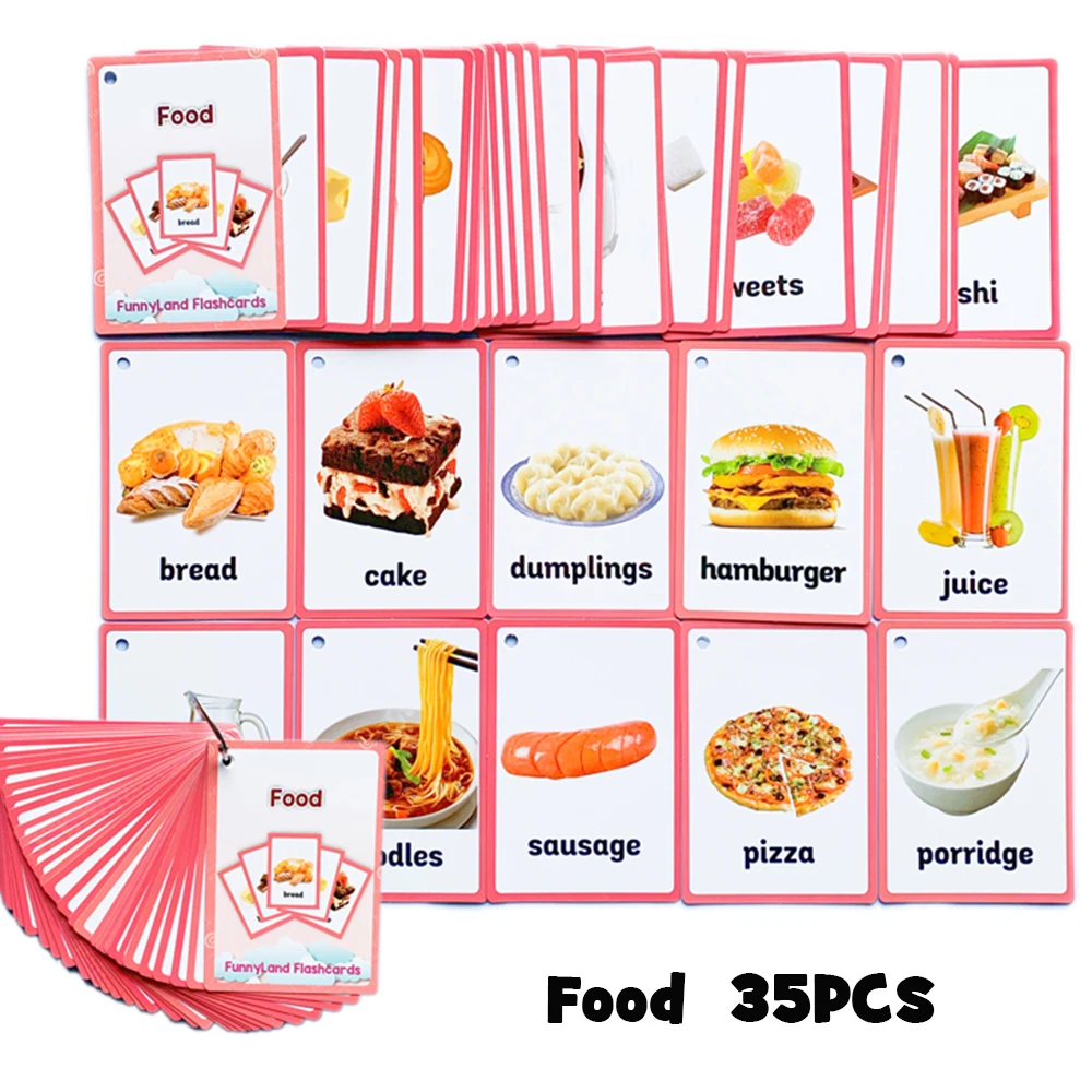 MagiDeal 35pcs Food English Picture Words Flash Cards Kids Learning Tools 