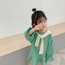 Новое поступление года; сезон осень; милое повседневное Хлопковое платье в полоску с длинными рукавами и поясом в Корейском стиле для милых модных маленьких девочек