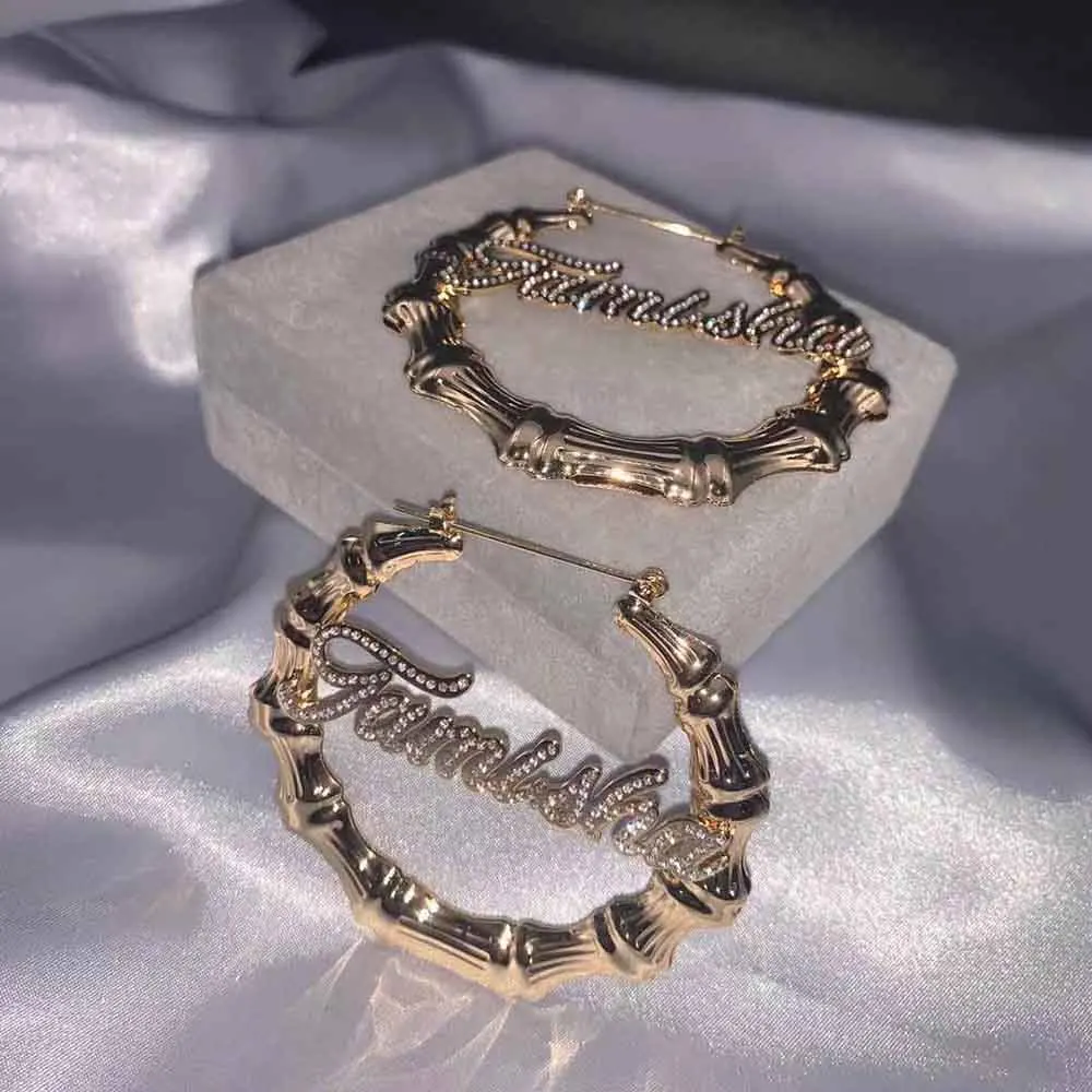 LUER Name Earrings Personalized/Bling Bamboo Earrings Custom Diamond Women Earing 2021 Customized Jewelry Hiphop Fashion Gift