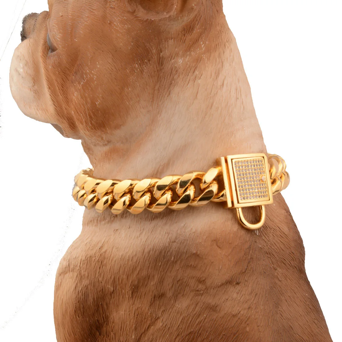 

Pet Dog Collar Gold Plated Cuban Chain Dog Training Walking Stainless Steel Dog Collar Dog Necklace for Small Large Medium Dogs