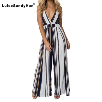 

Printed Sexy Off-the-shoulder Jumpsuit Women Striped Straps V-neck Wide Leg Sashes Jumpsuit Female Temperament 2020 Summer