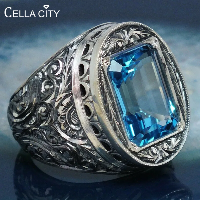 Целлюлозное Винтажное кольцо для женщин, серебро 925, ювелирное изделие, геометрические драгоценные камни 10*8 мм, аквамарин, роскошный стиль Корта, резной полый подарок