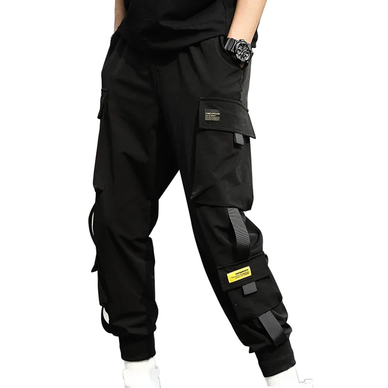 Laamei Streetwear Hip Hop Black шаровары Мужчины Упругие талии Панк Брюки Ribbons Повседневный