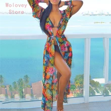 Женское шифоновое пляжное покрывало с принтом, Пляжное платье с длинным рукавом, пляжный костюм, купальник, бикини, Солнцезащитный кардиган, пляжная одежда A1