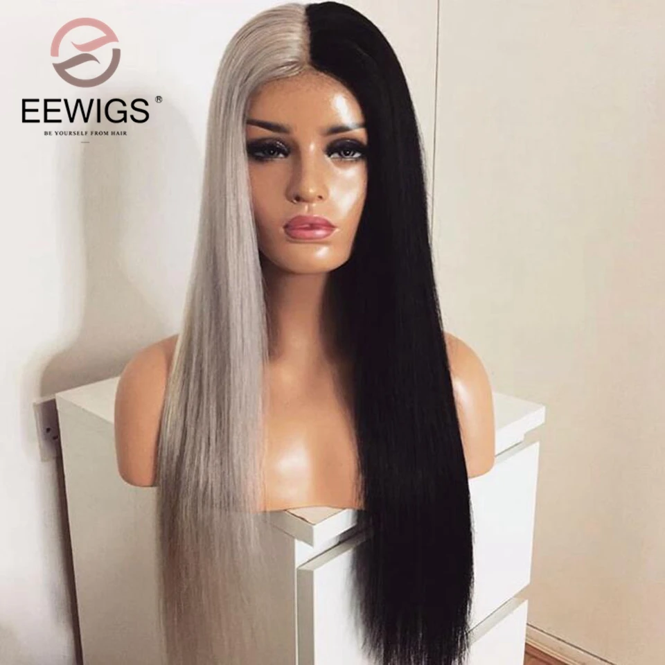 Парик для косплея EEWIGS Длинные прямые парики со светлыми кружевами спереди черные