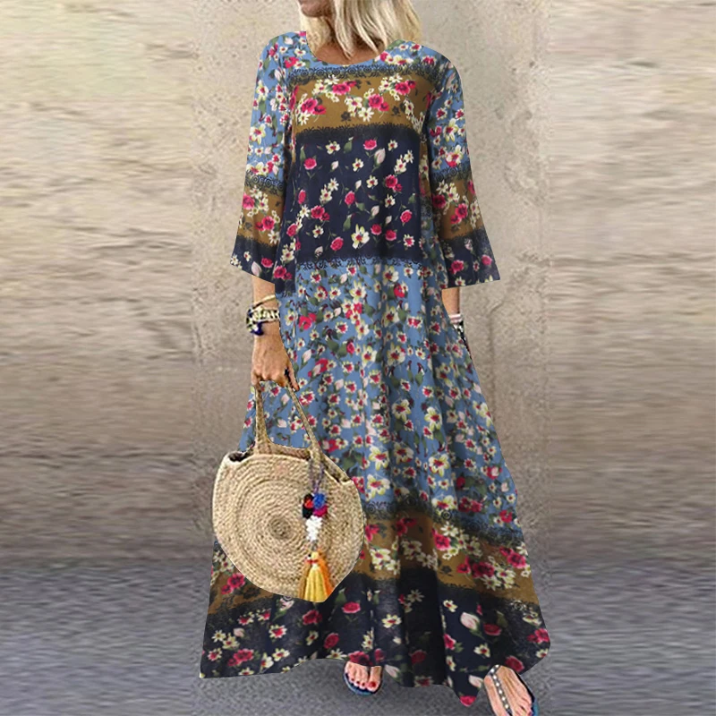 Осень 3/4, рукав, узор в горошек, Женский кафтан, Vestido Femme, сарафан, длинное платье, винтажное женское хлопковое льняное платье