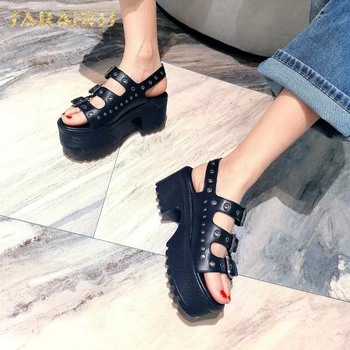 

SaraIris 2020 New Fashion Punk Genuine Leather Women Sandals Square Heels Peep Toe Platform Rivet Casual Woman Shoes
