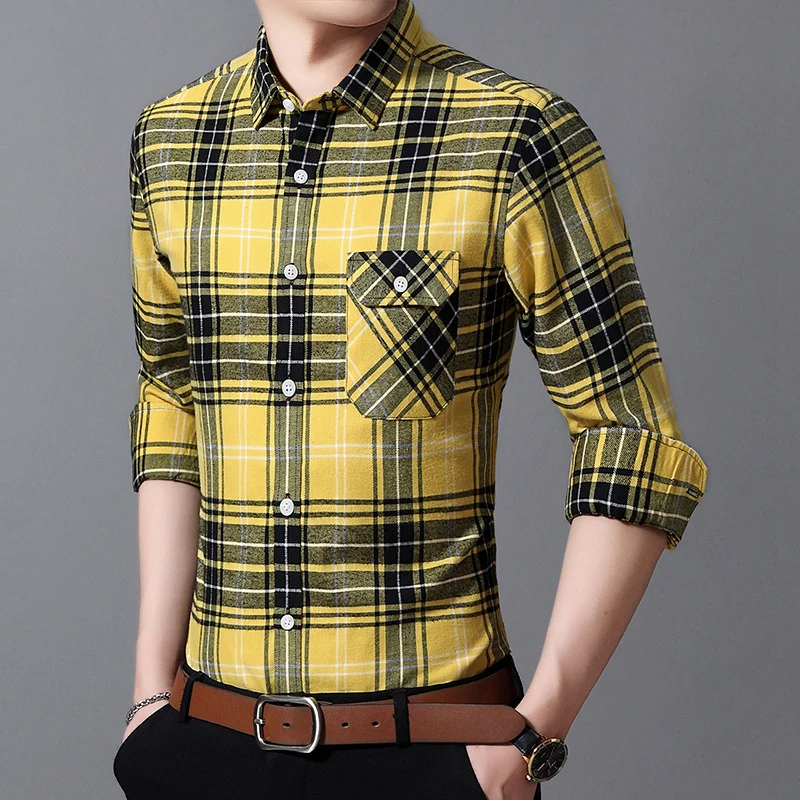 Новое поступление, осенние модные брендовые Для мужчин одежда Slim Fit Для мужчин рубашка с длинными рукавами Для мужчин клетчатая хлопковая Повседневное Для мужчин рубашка социальных размера плюс 5XL - Цвет: Yellow-715