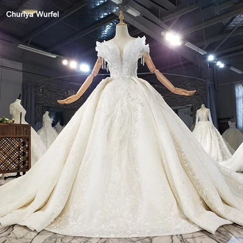 

HTL1703 Cuffs Bow Made Of Sequins Crystals V-Neck Short Sleeve Tassel Off The Shoulder Wedding Dress 2020 vestido novia blanco