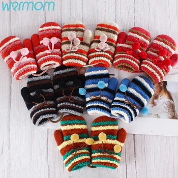 

WARMOM 5-10 Year Neck Hung Gloves Children Striped Patchwork Thermal Gloves Winter Thickened Warm Mittens Kids Gloves